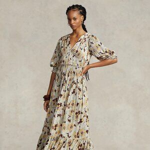 NWT $698 Polo Ralph Lauren Floral Pleated Satin Dress Spring Buttercup Size 8